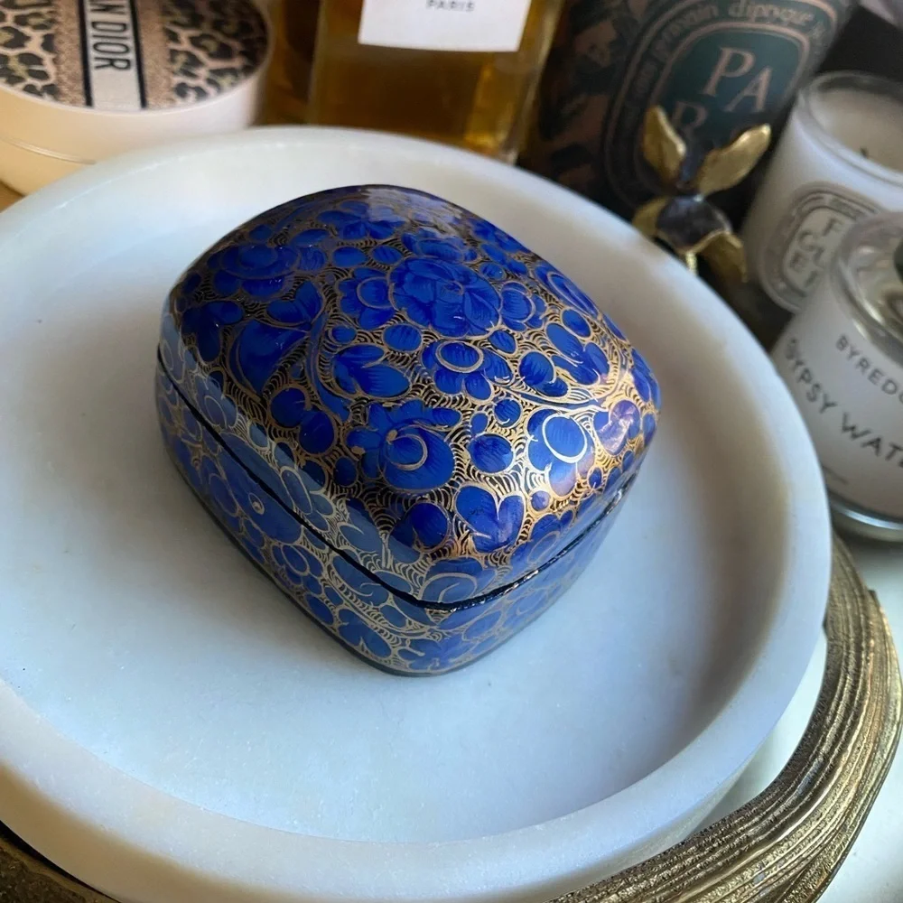 Vintage blue and gold handpainted lacquered trinket box